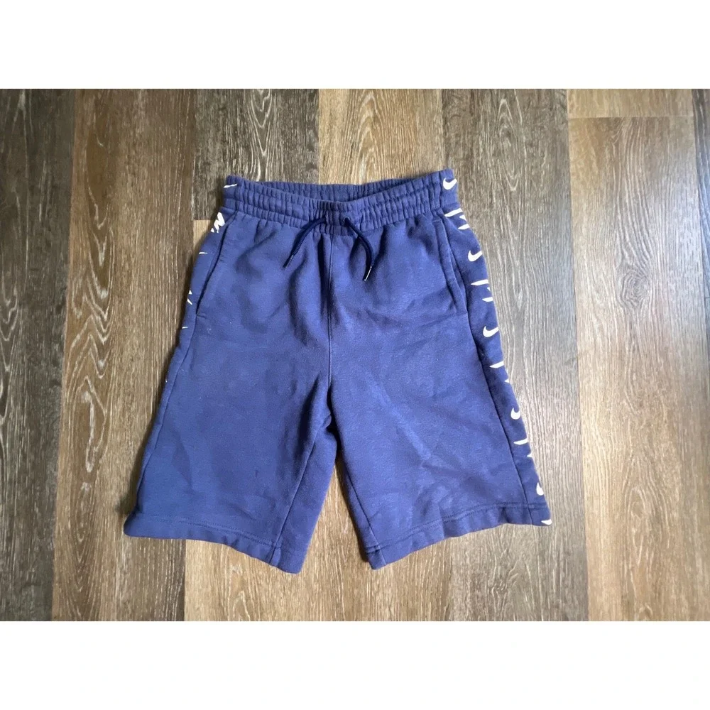 Nike Fleece Shorts Boys‎ Large Blue Swoosh Logo Side Tape Athletic Drawstring